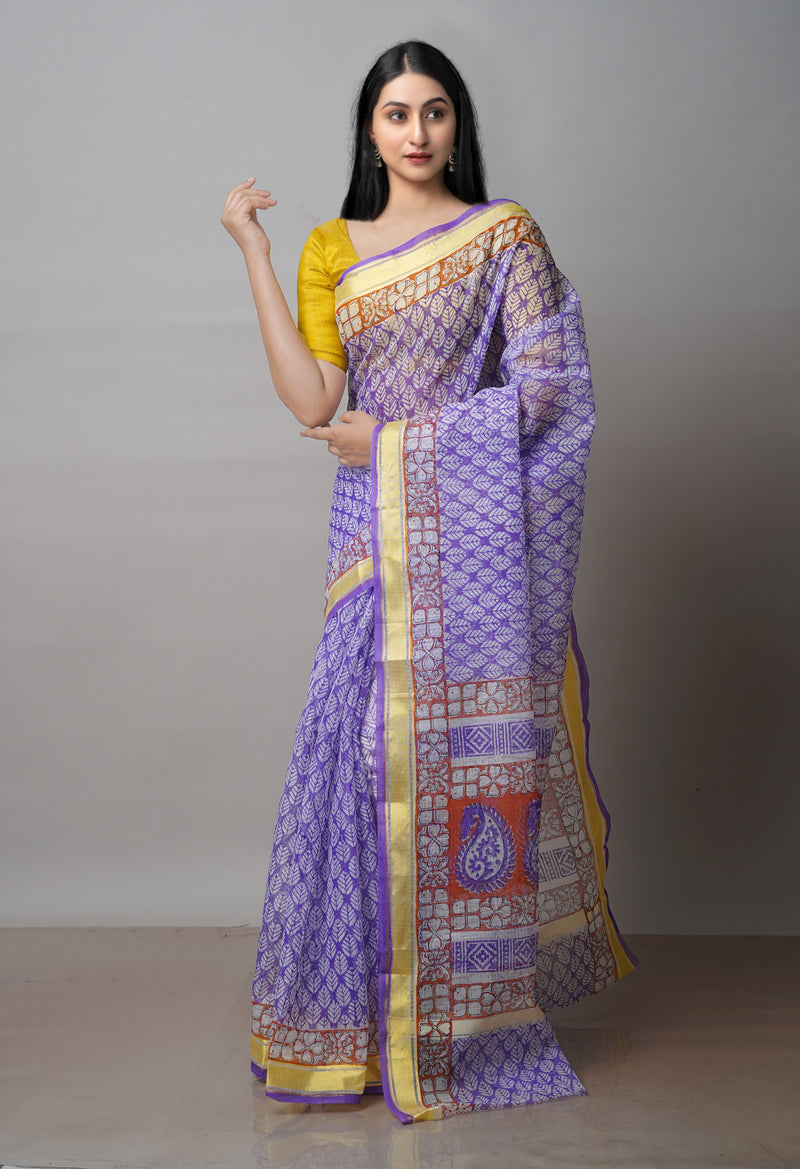 Purple Pure Block Printed Kota Cotton Saree-UNM71587