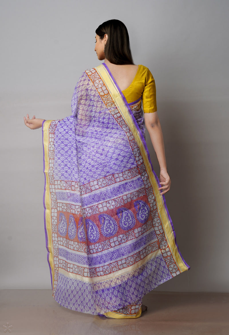 Purple Pure Block Printed Kota Cotton Saree-UNM71587