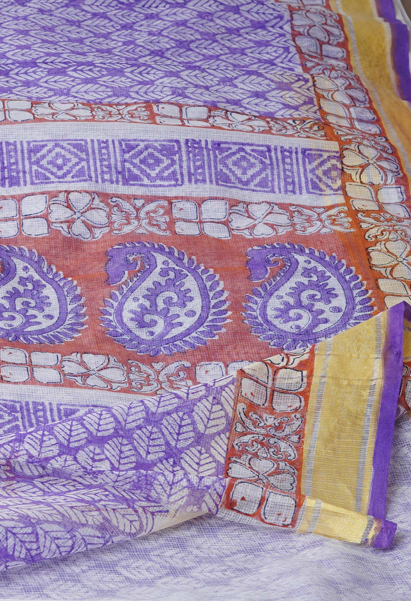 Purple Pure Block Printed Kota Cotton Saree-UNM71587