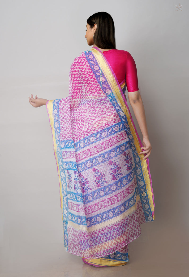 Pink Pure Block Printed Kota Cotton Saree-UNM71588