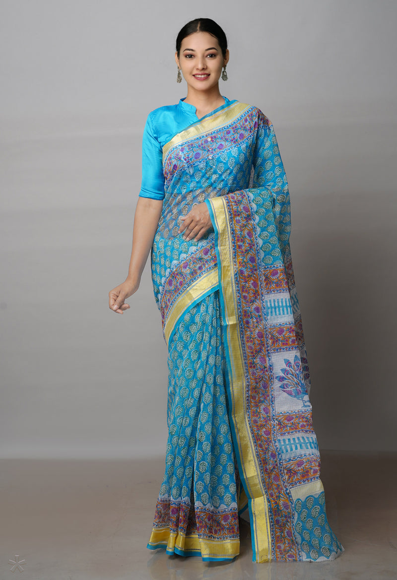 Blue Pure Block Printed Kota Cotton Saree-UNM71589