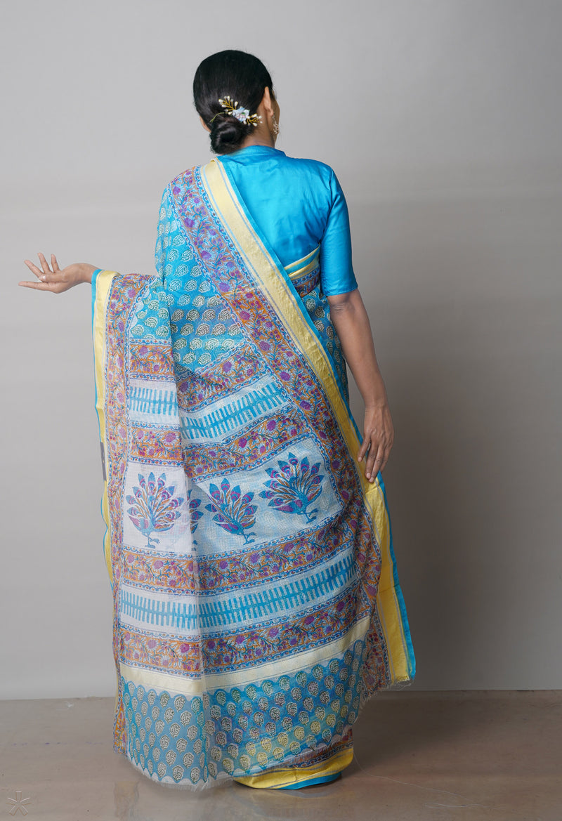 Blue Pure Block Printed Kota Cotton Saree-UNM71589