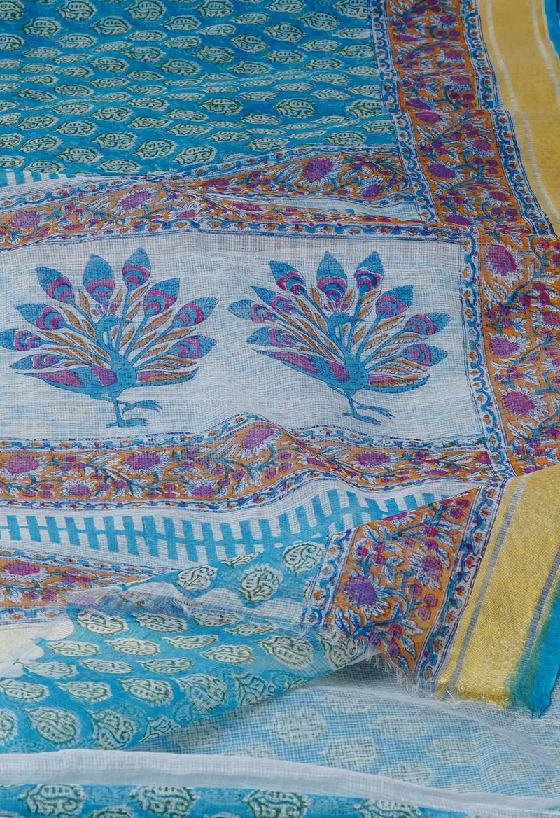 Blue Pure Block Printed Kota Cotton Saree-UNM71589