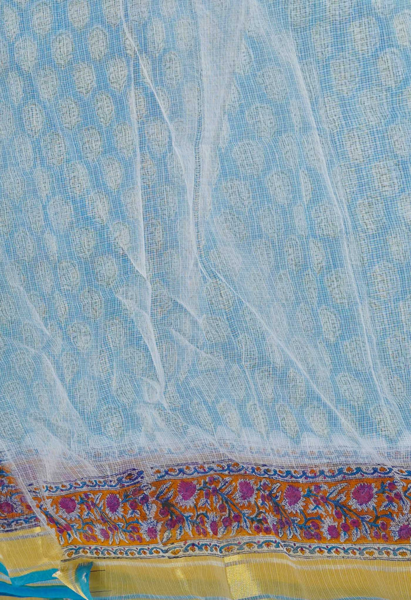 Blue Pure Block Printed Kota Cotton Saree-UNM71589