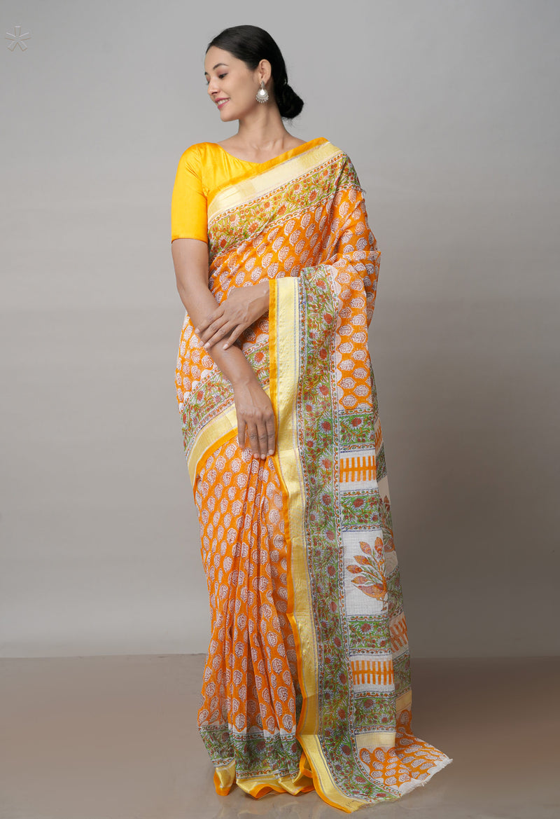 Orange Pure Block Printed Kota Cotton Saree-UNM71590