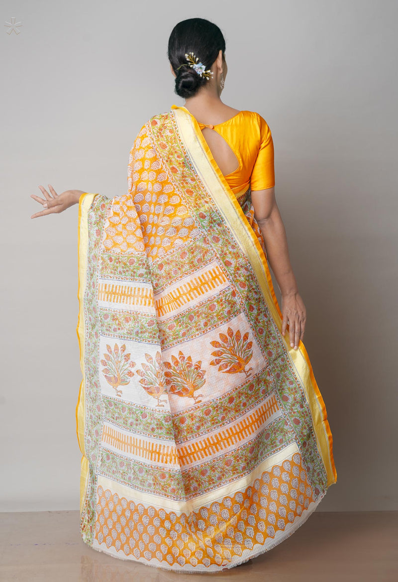 Orange Pure Block Printed Kota Cotton Saree-UNM71590