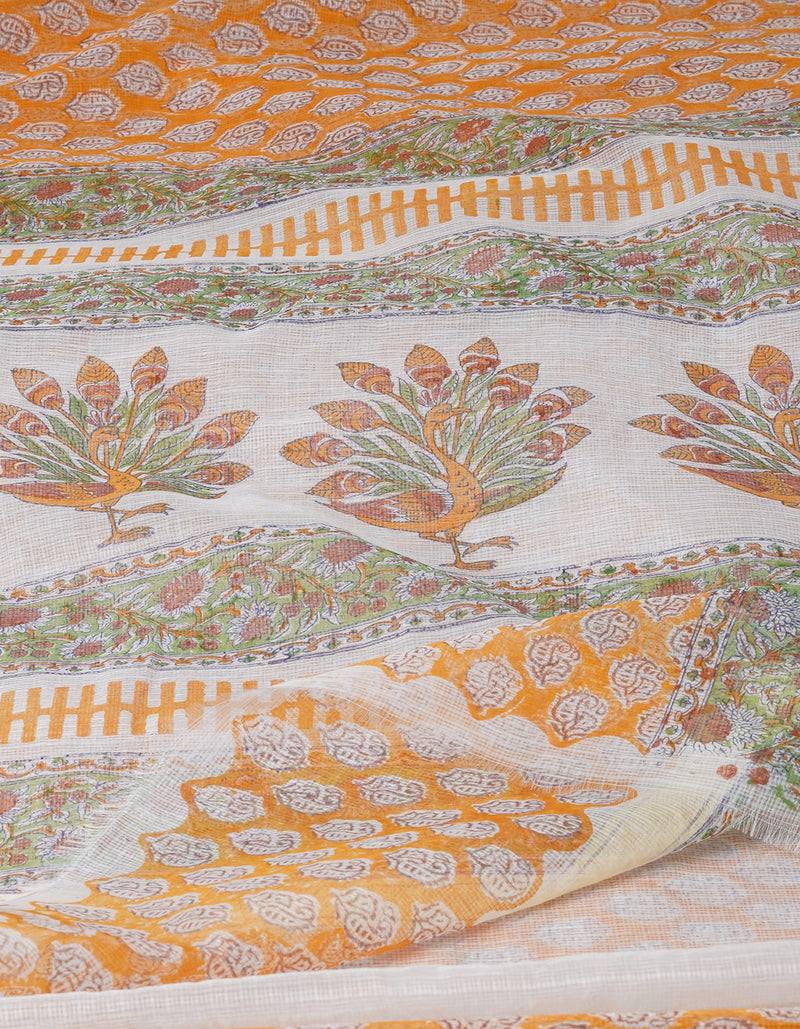 Orange Pure Block Printed Kota Cotton Saree-UNM71590