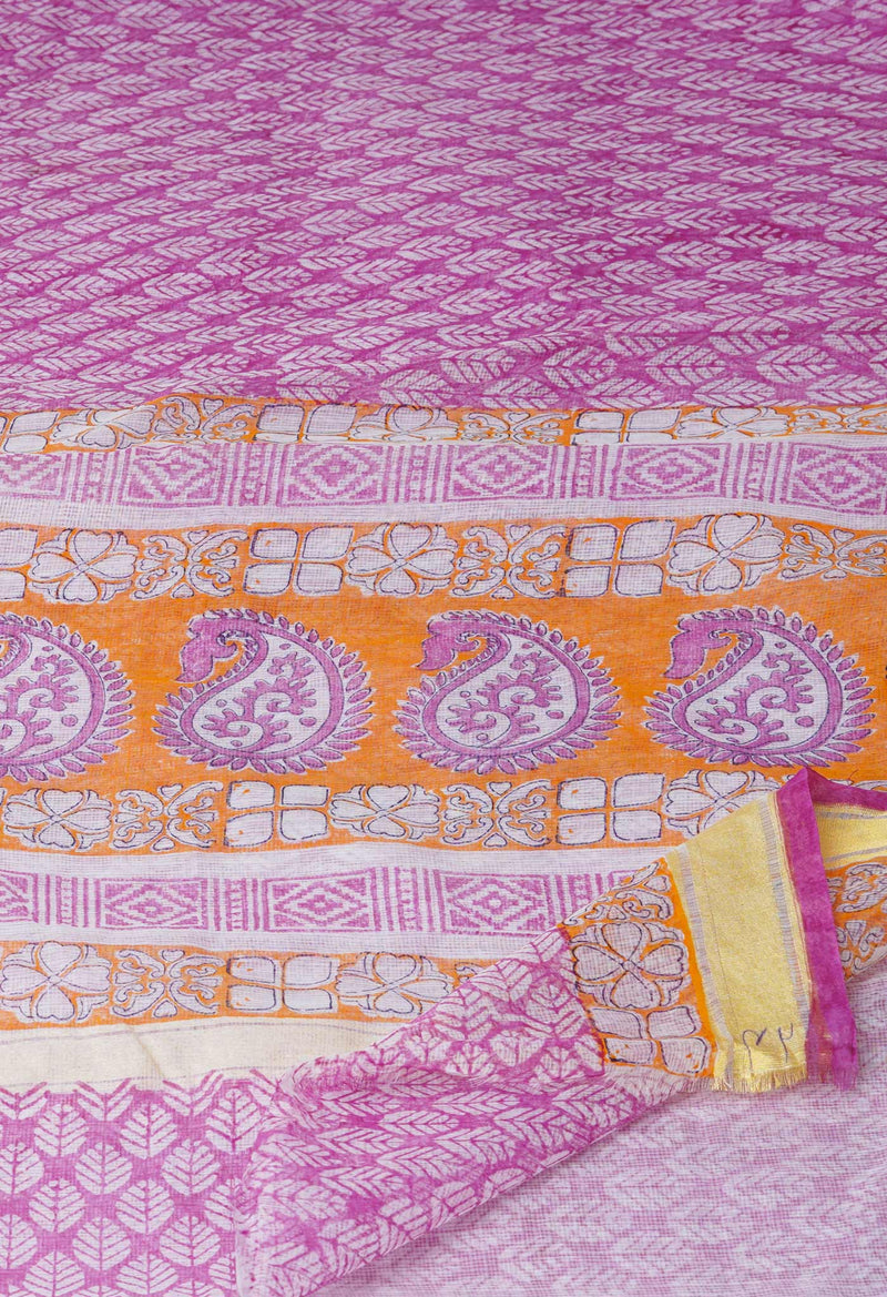 Pink Pure Block Printed Kota Cotton Saree-UNM71592