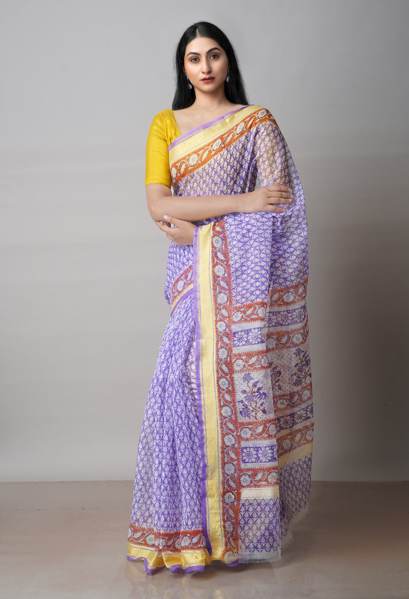 Purple Pure Block Printed Kota Cotton Saree-UNM71593