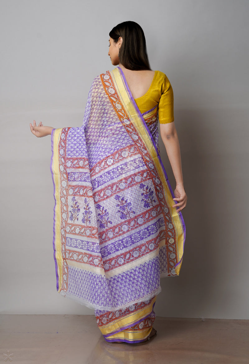 Purple Pure Block Printed Kota Cotton Saree-UNM71593