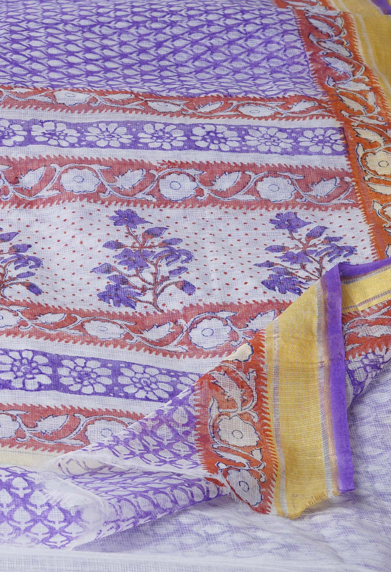 Purple Pure Block Printed Kota Cotton Saree-UNM71593