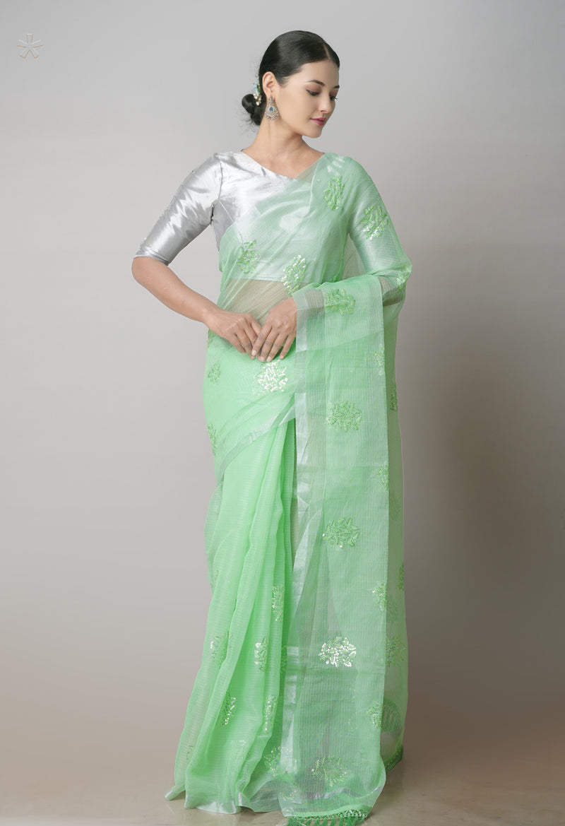 Green Pure Sequence Embroidery Kota Cotton Saree-UNM71595