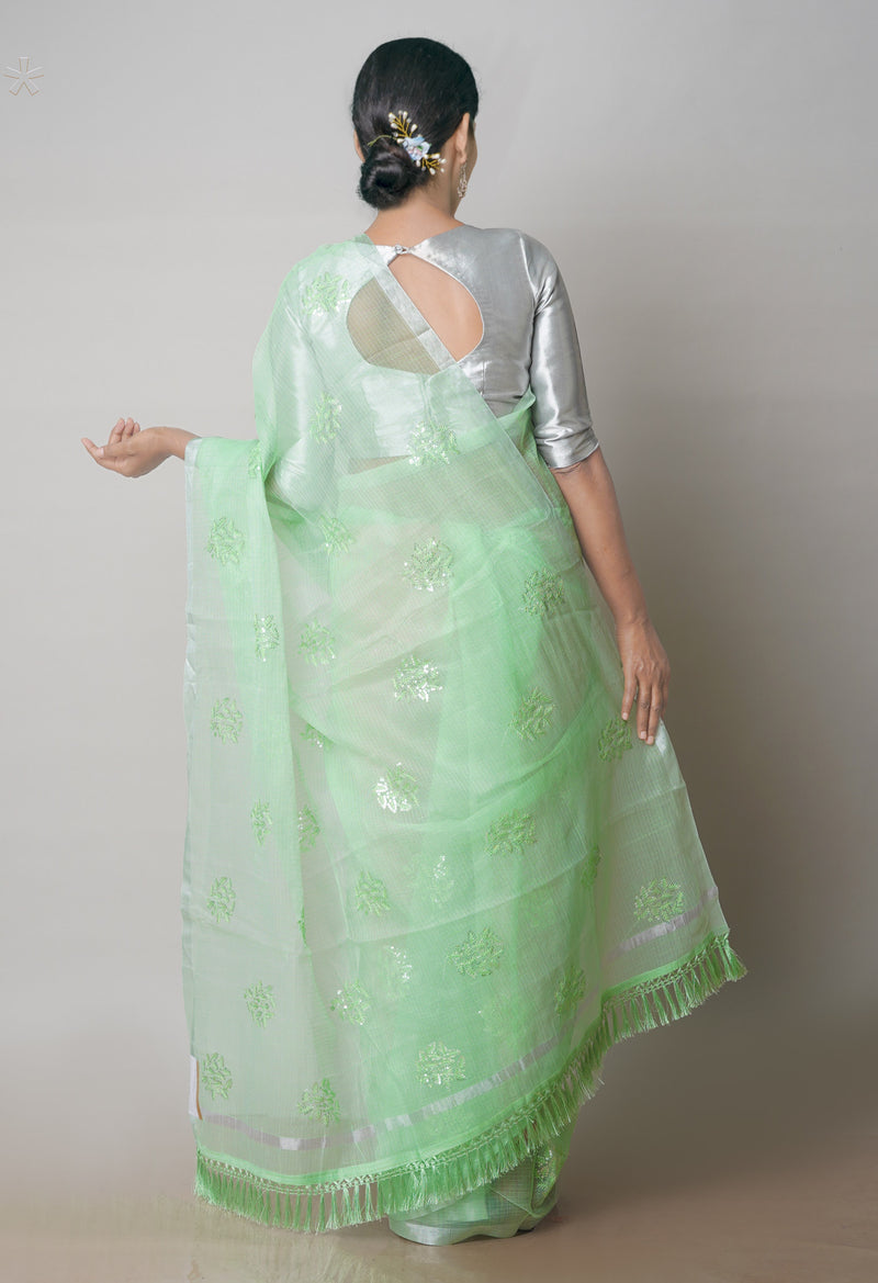 Green Pure Sequence Embroidery Kota Cotton Saree-UNM71595