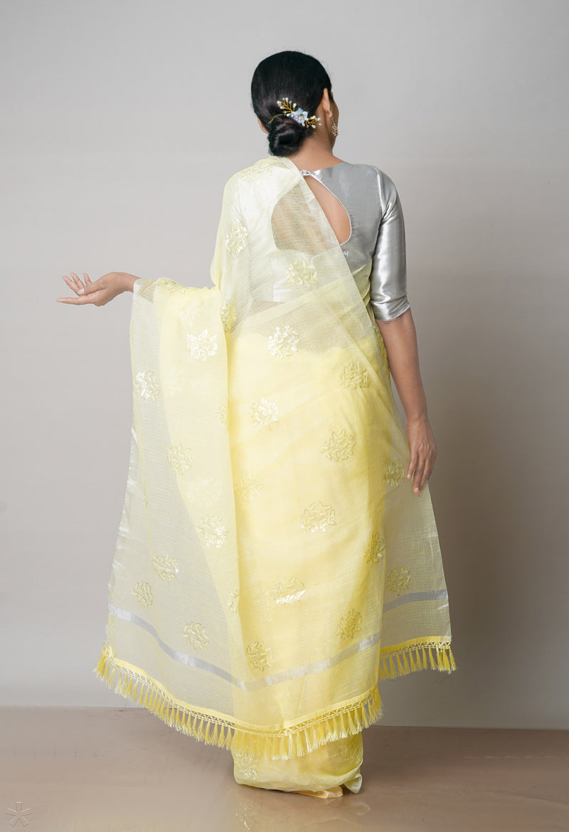 Yellow Pure Sequence Embroidery Kota Cotton Saree-UNM71598