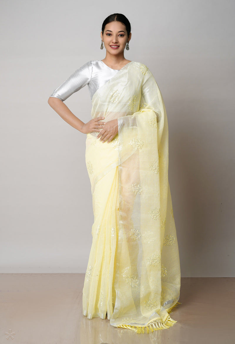 Yellow Pure Sequence Embroidery Kota Cotton Saree-UNM71600