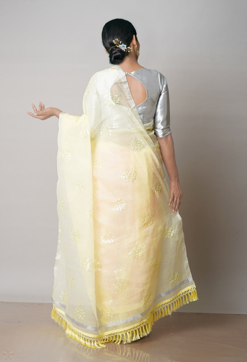 Yellow Pure Sequence Embroidery Kota Cotton Saree-UNM71600