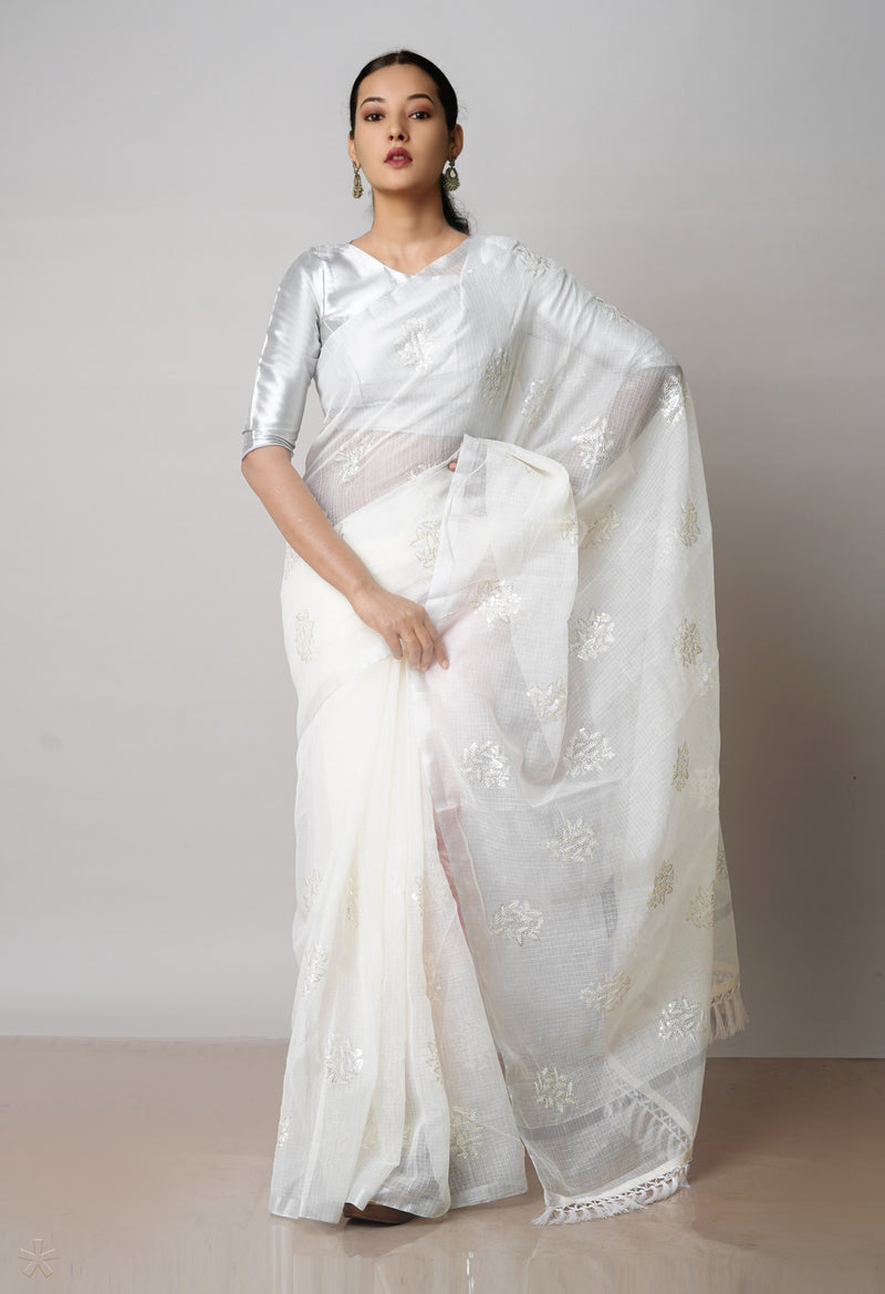 Off White Pure Sequence Embroidery Kota Cotton Saree-UNM71606