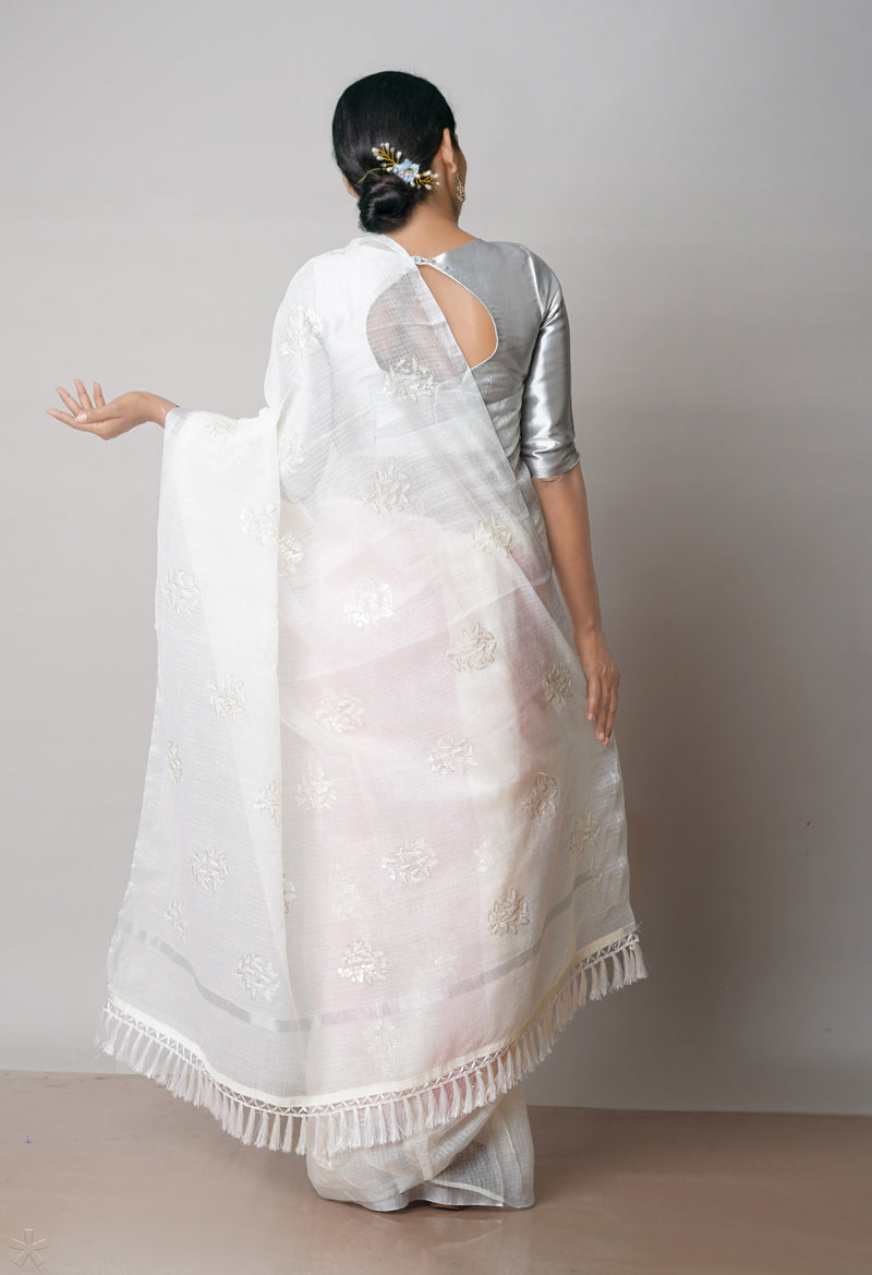 Off White Pure Sequence Embroidery Kota Cotton Saree-UNM71606