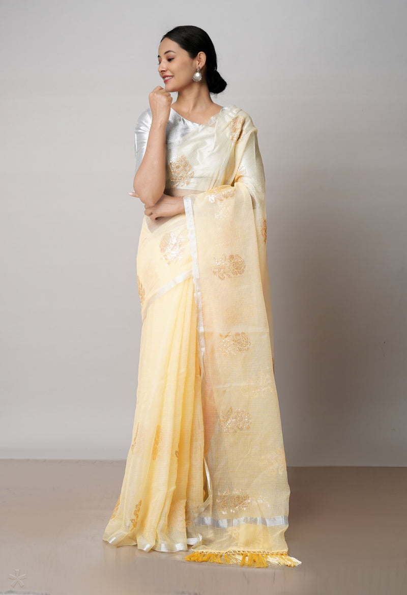 Yellow Pure Sequence Embroidery Kota Cotton Saree-UNM71607