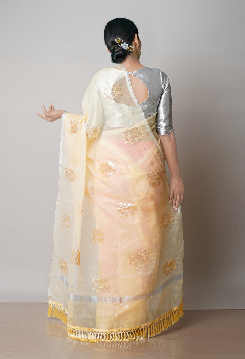 Yellow Pure Sequence Embroidery Kota Cotton Saree-UNM71607