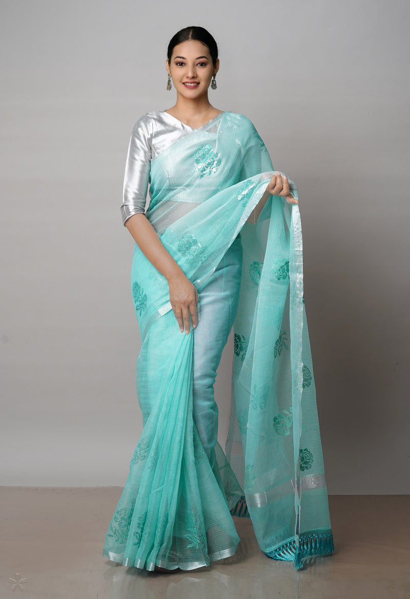 Turquoise Blue Pure Sequence Embroidery Kota Cotton Saree-UNM71609
