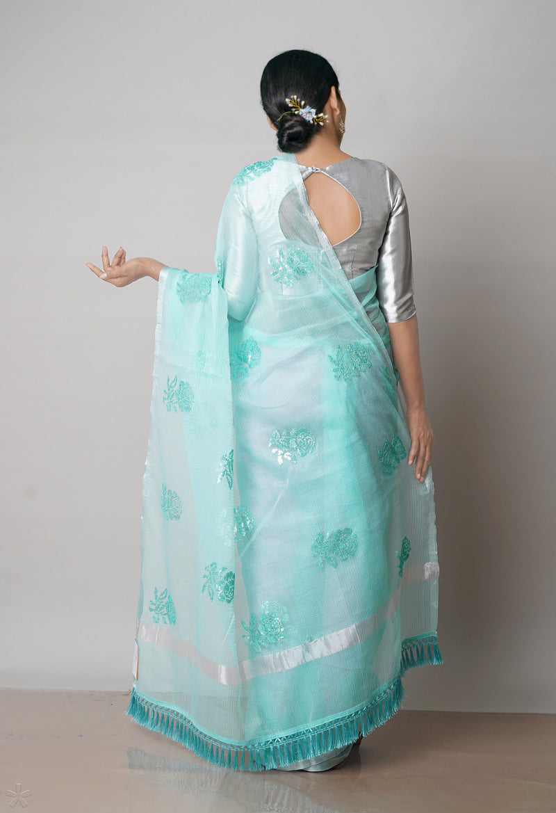Turquoise Blue Pure Sequence Embroidery Kota Cotton Saree-UNM71609