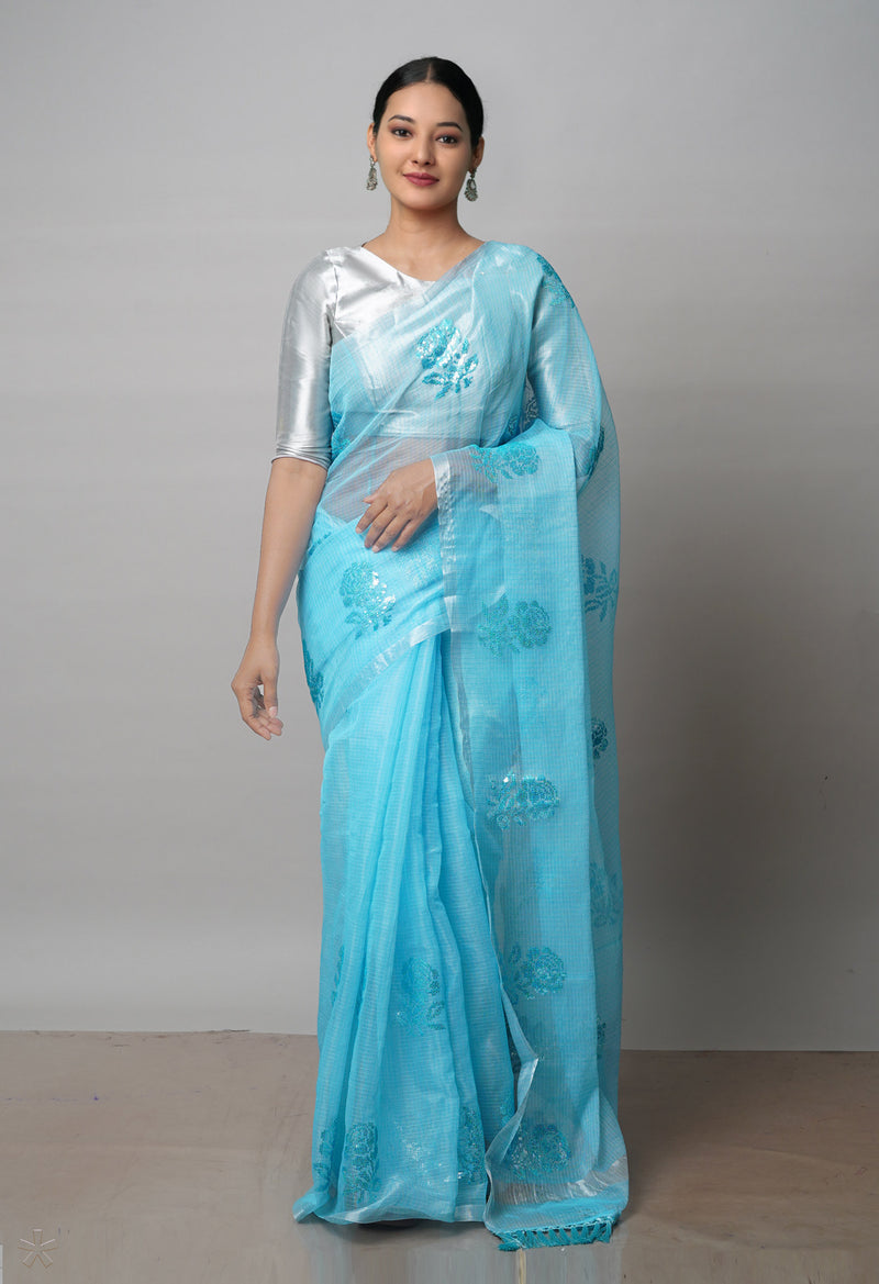 Blue Pure Sequence Embroidery Kota Cotton Saree-UNM71612