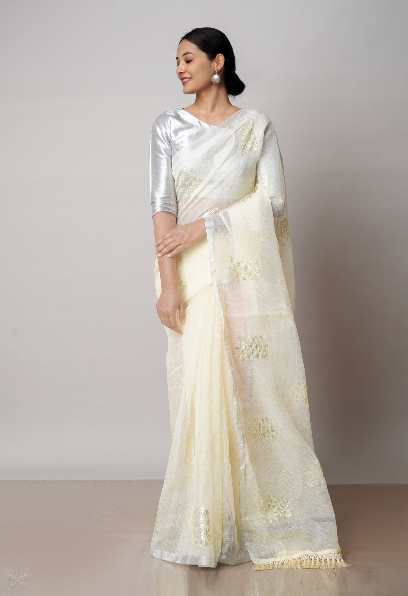 Cream Pure Sequence Embroidery Kota Cotton Saree