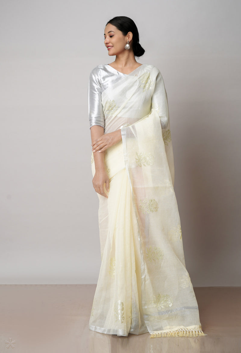 Cream Pure Sequence Embroidery Kota Cotton Saree-UNM71614