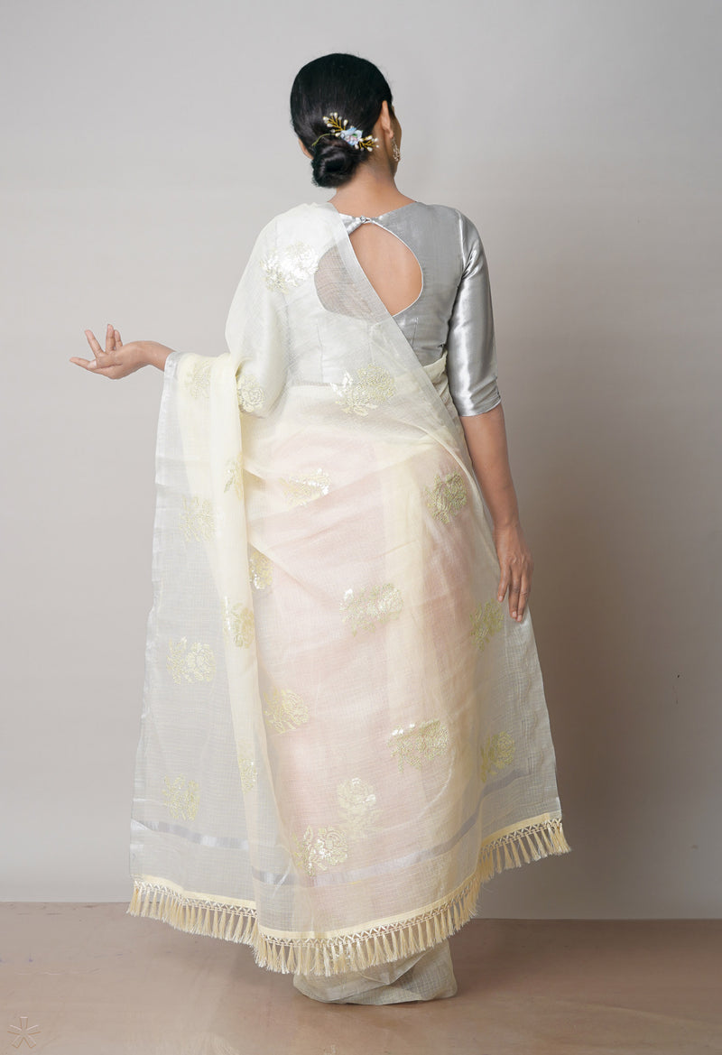 Cream Pure Sequence Embroidery Kota Cotton Saree-UNM71614