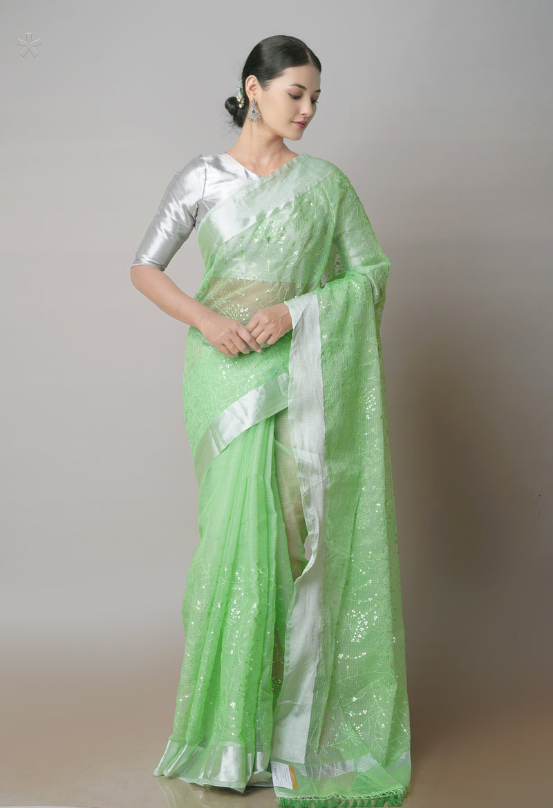 Green Pure Sequence Embroidery Kota Cotton Saree-UNM71624