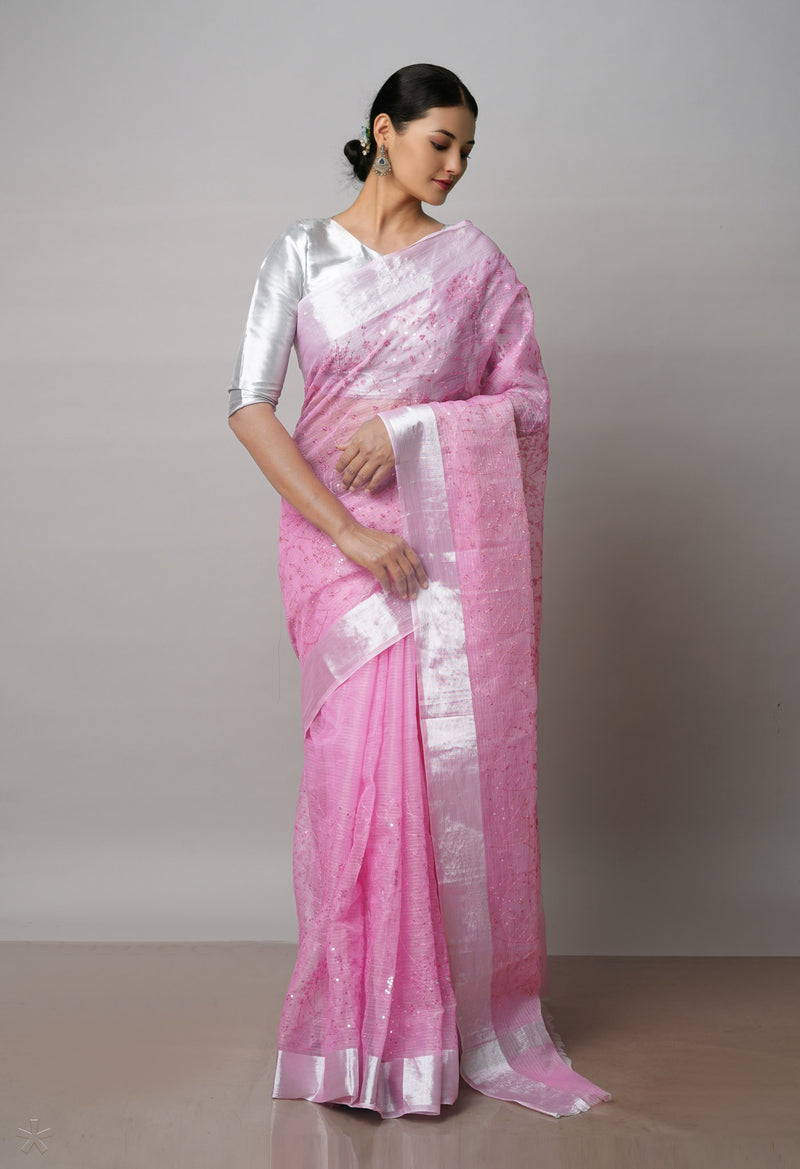 Pink Pure Sequence Embroidery Kota Cotton Saree-UNM71625