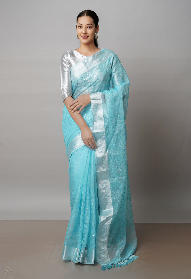 Blue Pure Sequence Embroidery Kota Cotton Saree-UNM71626