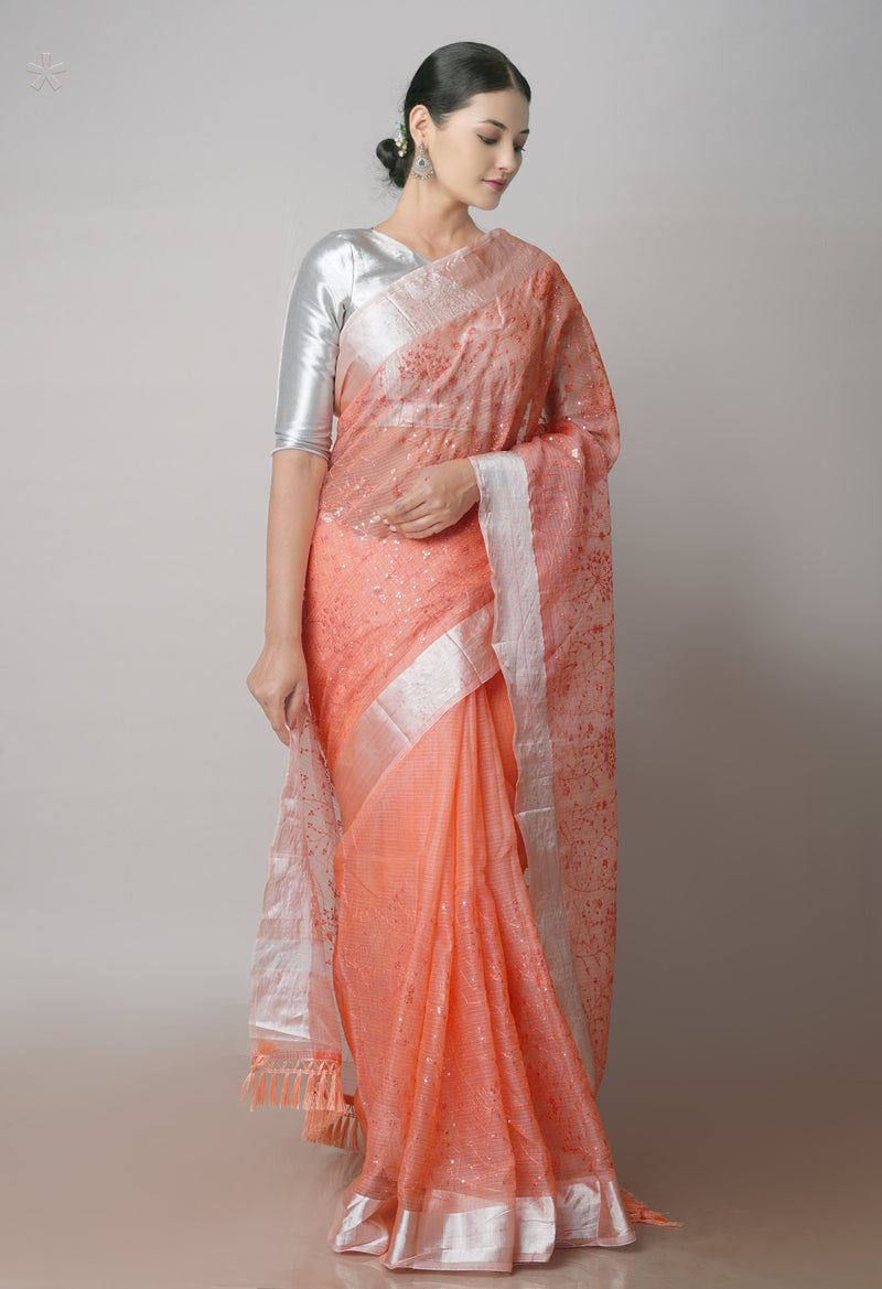 Orange Pure Sequence Embroidery Kota Cotton Saree-UNM71627