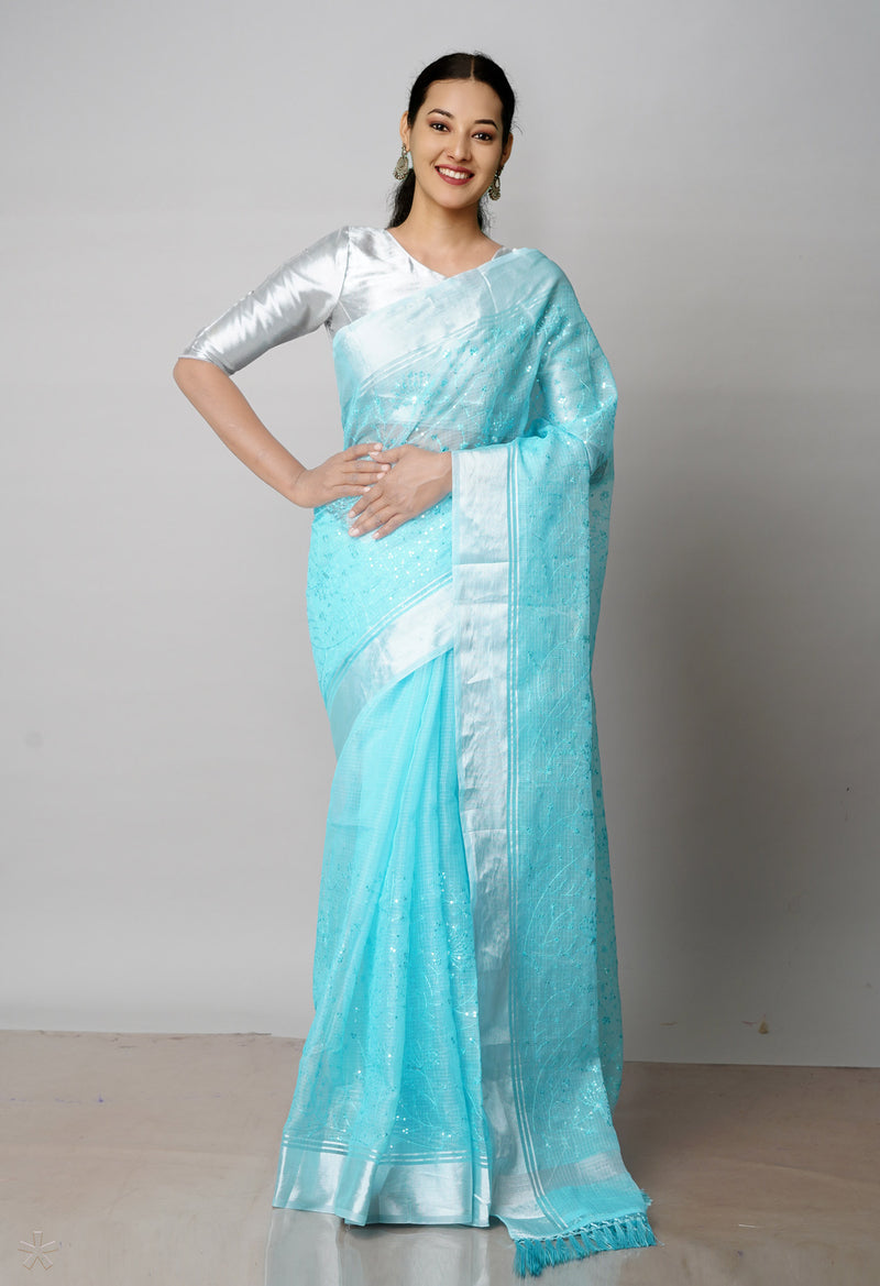 Blue Pure Sequence Embroidery Kota Cotton Saree-UNM71628