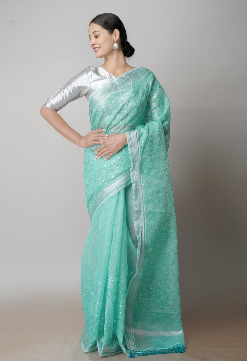 Turquoise Blue Pure Sequence Embroidery Kota Cotton Saree-UNM71629