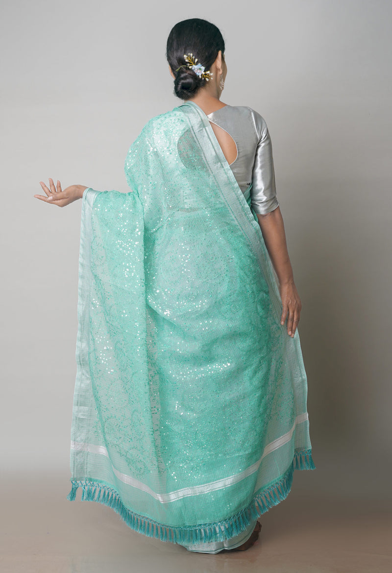 Turquoise Blue Pure Sequence Embroidery Kota Cotton Saree-UNM71629