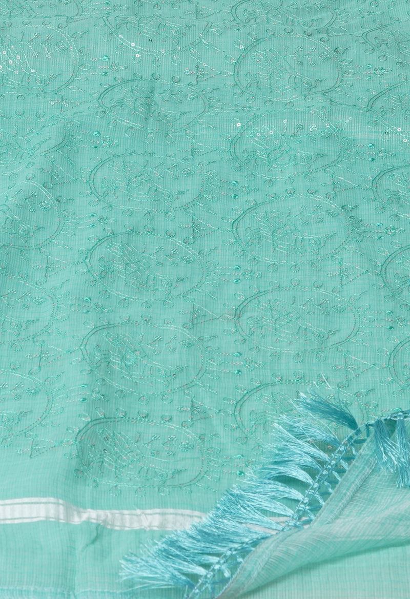 Turquoise Blue Pure Sequence Embroidery Kota Cotton Saree-UNM71629