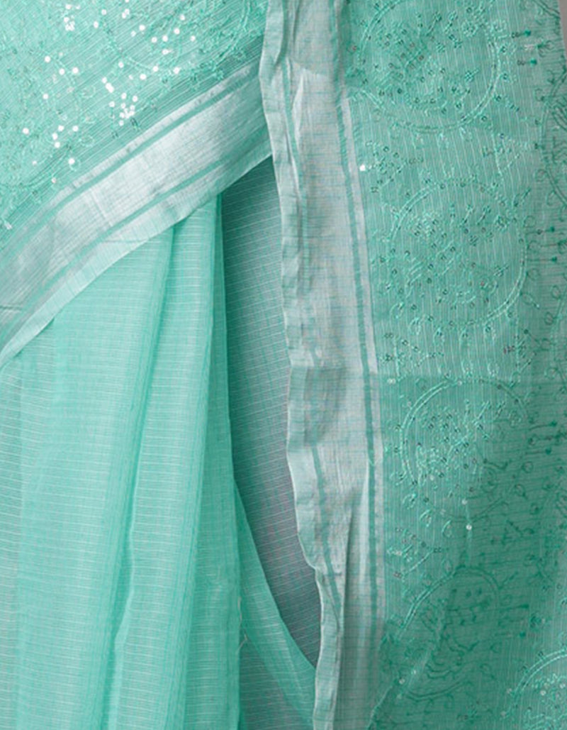 Turquoise Blue Pure Sequence Embroidery Kota Cotton Saree-UNM71629