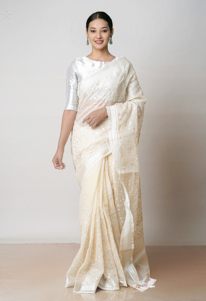 Beige Pure Sequence Embroidery Kota Cotton Saree-UNM71631