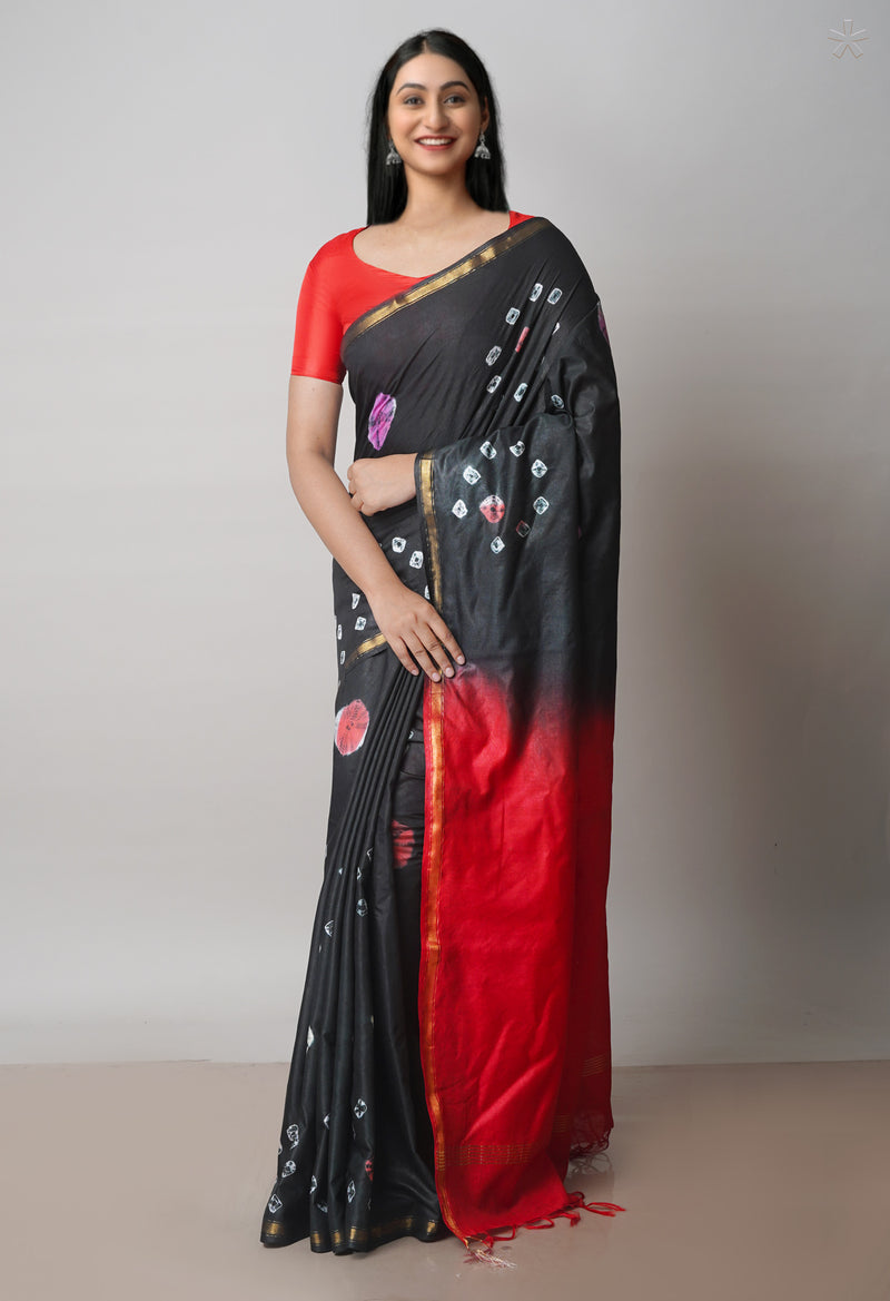 Black  Batik Printed Chanderi Sico Saree-UNM71685