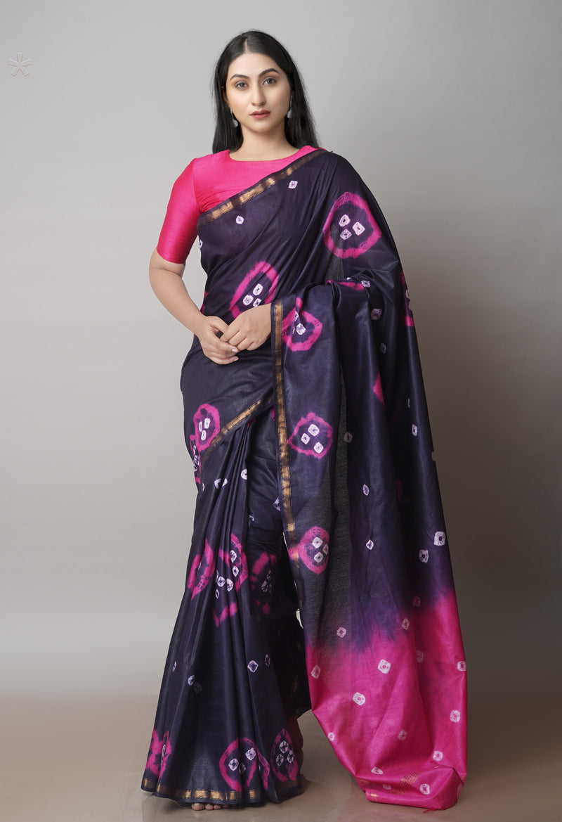 Navy Blue Batik Printed Chanderi Sico Saree-UNM71689