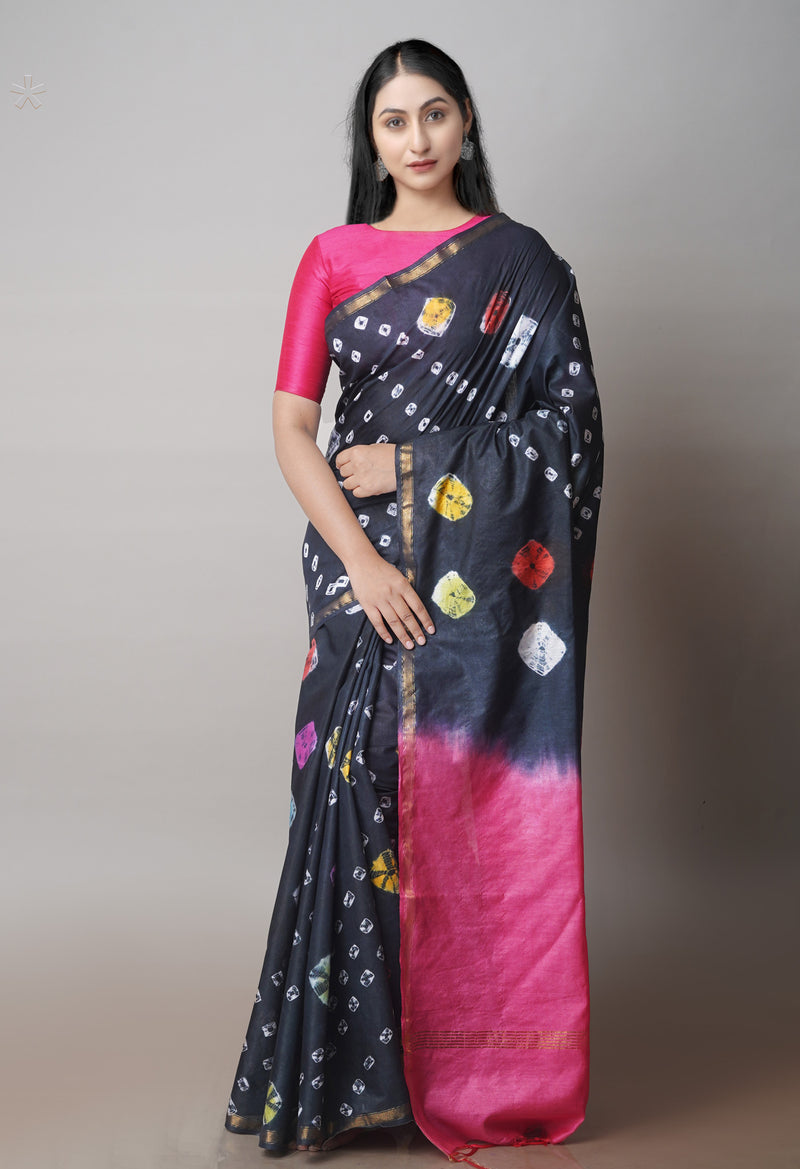 Pewter Grey Batik Printed Chanderi Sico Saree-UNM71692