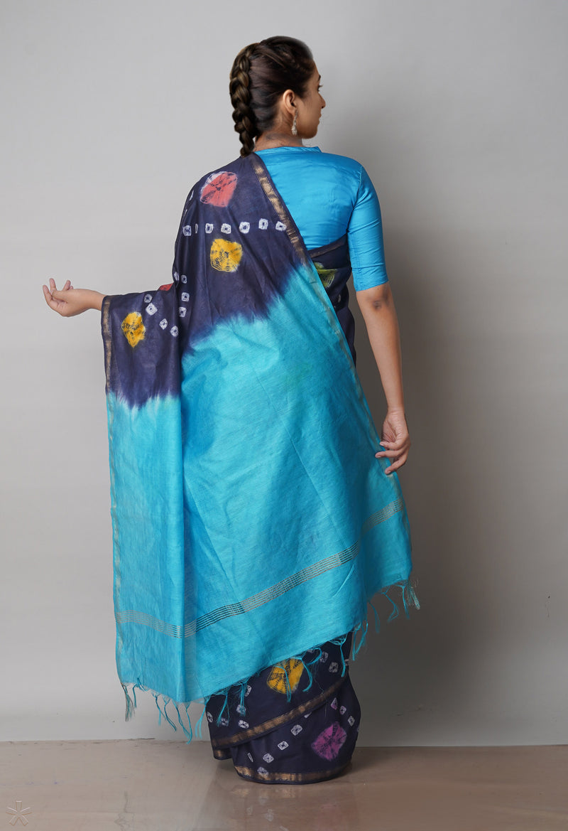 Navy Blue  Batik Printed Chanderi Sico Saree-UNM71705