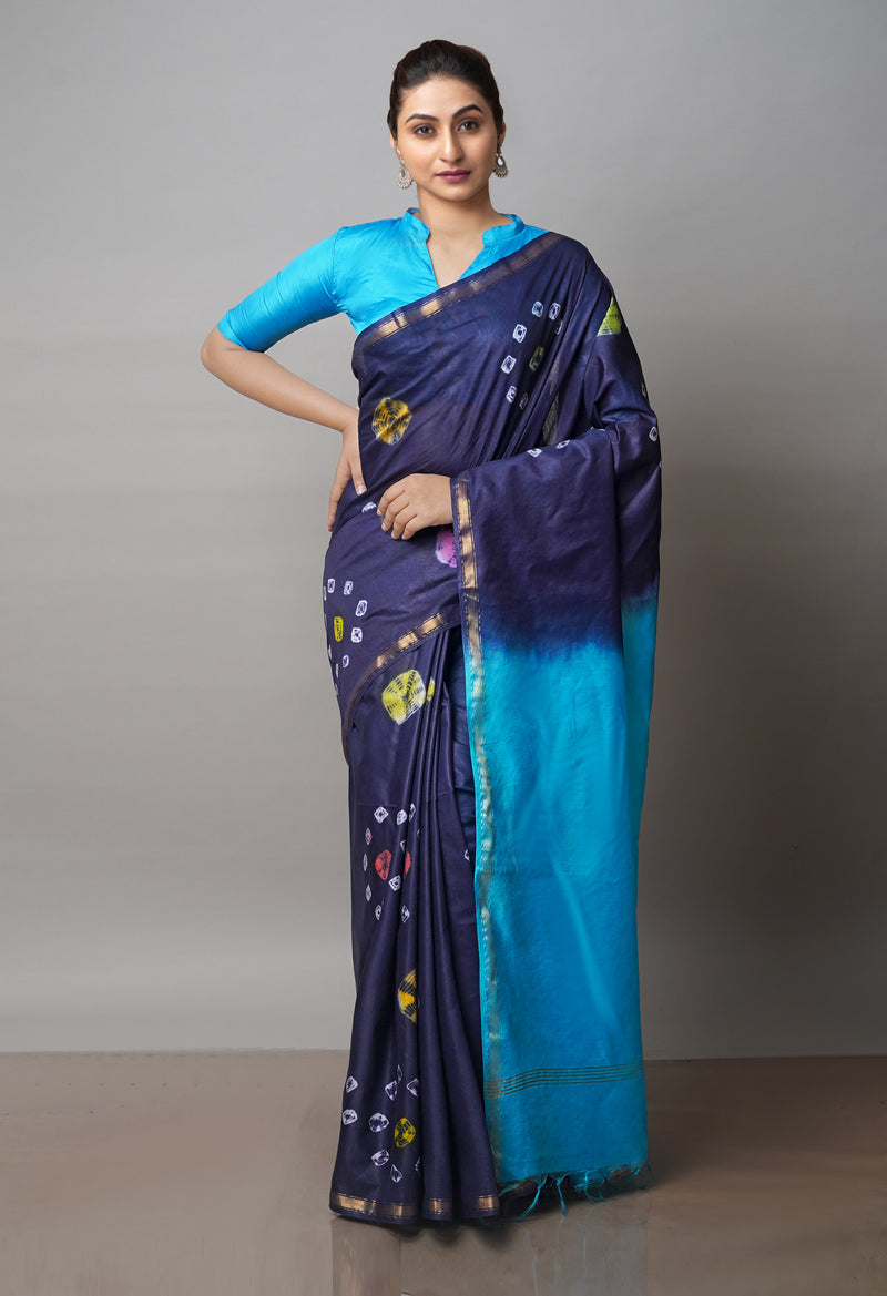 Navy Blue  Batik Printed Chanderi Sico Saree-UNM71706