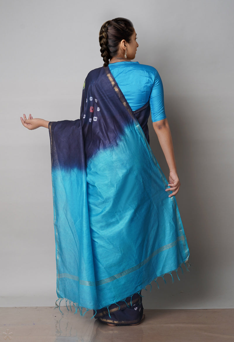 Navy Blue  Batik Printed Chanderi Sico Saree-UNM71706