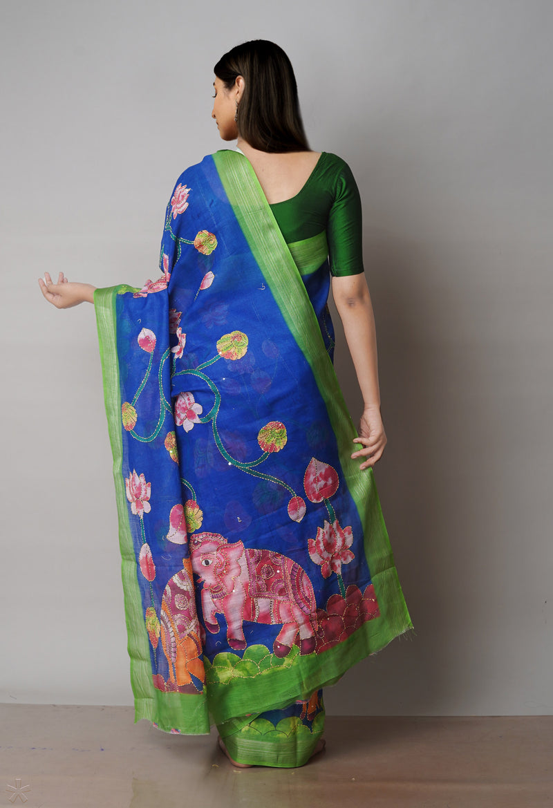Dark Blue  Digital Printed Linen Saree With Hand Kantha Work -UNM71717