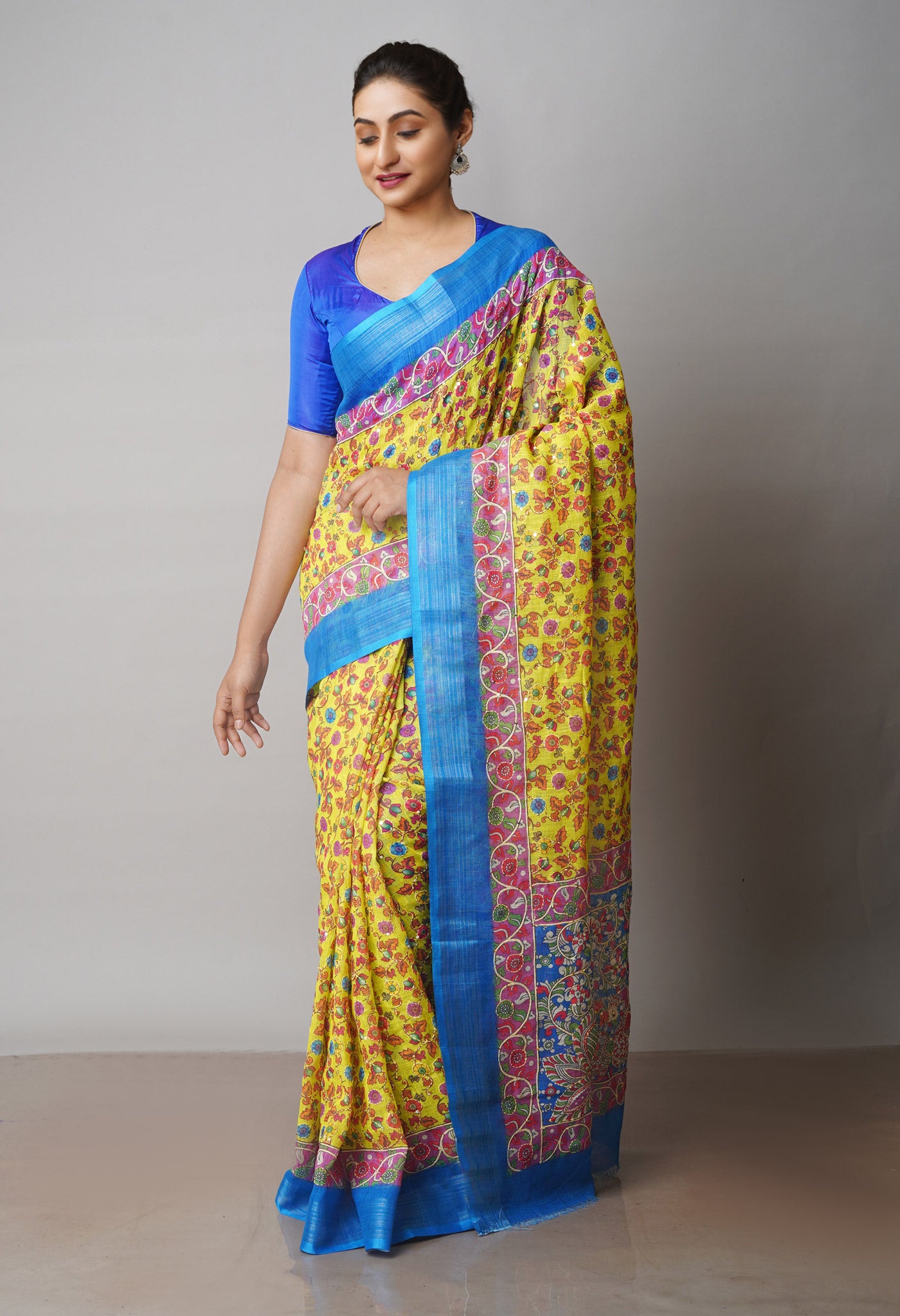 Yellow Digital Printed Linen Saree With Hand Kantha Work