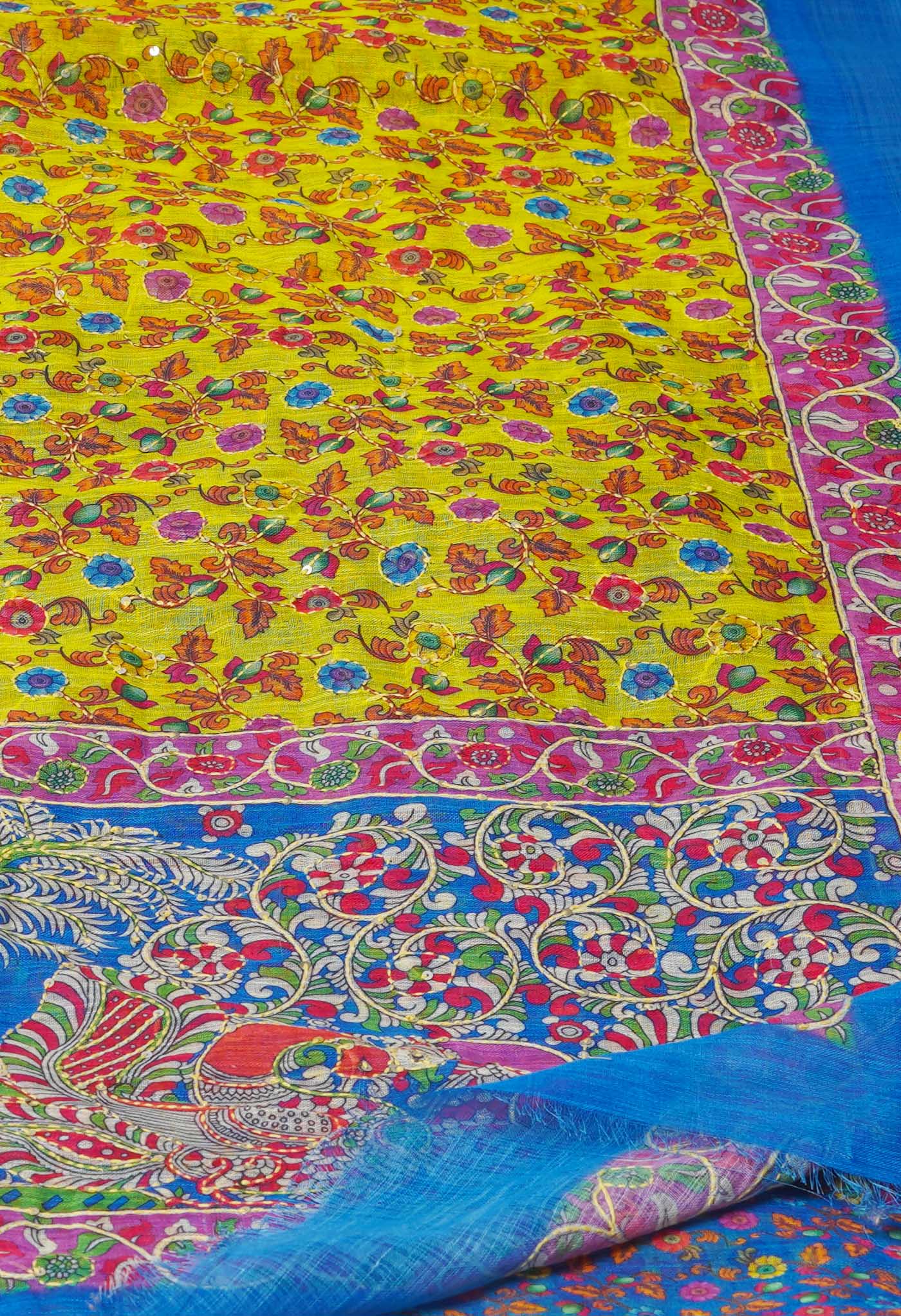 Yellow Digital Printed Linen Saree With Hand Kantha Work