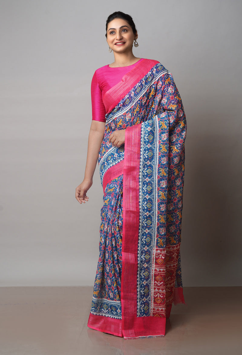 Peacock Blue  Digital Printed Linen Saree With Hand Kantha Work -UNM71721